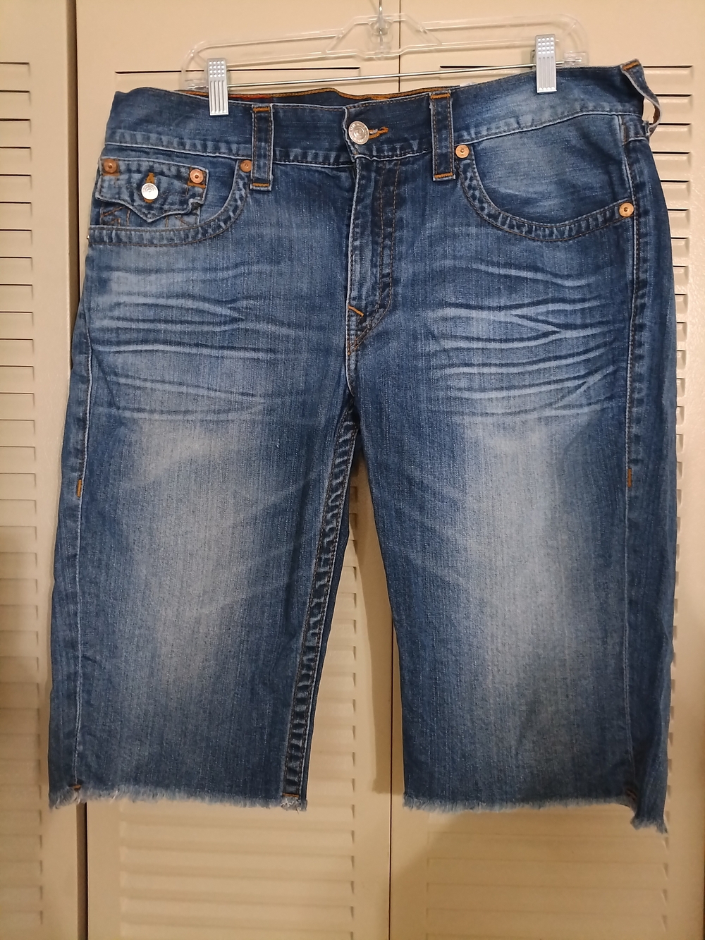 True Religion Distressed Blue Denim Cropped Shorts
